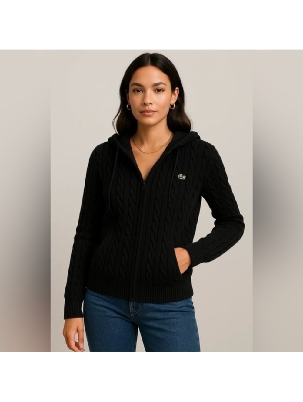 Lacoste Cable Knit Hooded Sweater Black Cotton Wool Size 40